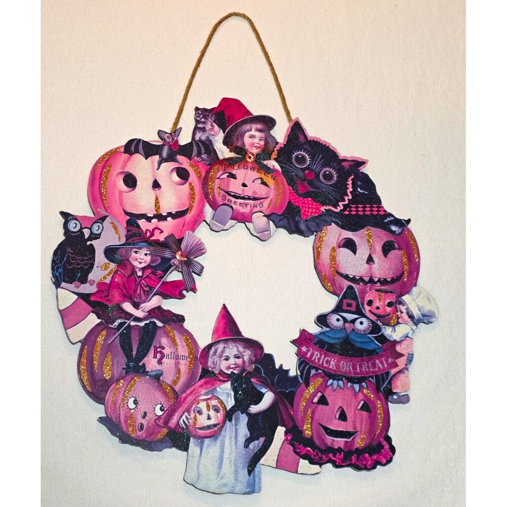 Halloween Pink Wood Hanging Door Decor Wreath Sign 18in Vintage/Retro